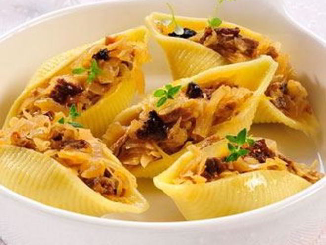 Рецепт конкильонь фаршированных капустой с грибами