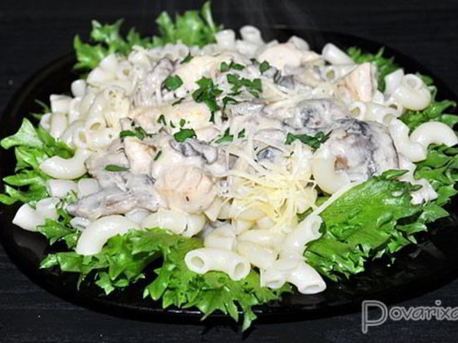 Рецепт макарон с курицей в сливочно-грибном соусе