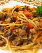 Спагетти с шампиньонами и мясным соусом