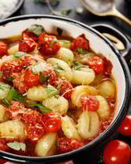 Ньокки с помидорами, баклажанами конфи и козьим сыром