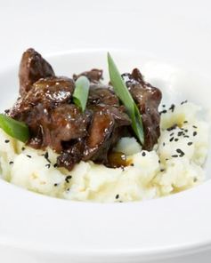 Куриная печенка в соусе терияки с имбирным пюре