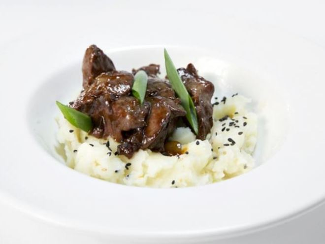 Рецепт куриной печенки в соусе терияки с имбирным пюре