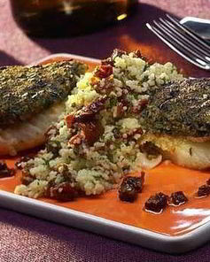 Палтус в оливковом кляре с салатом из кускуса