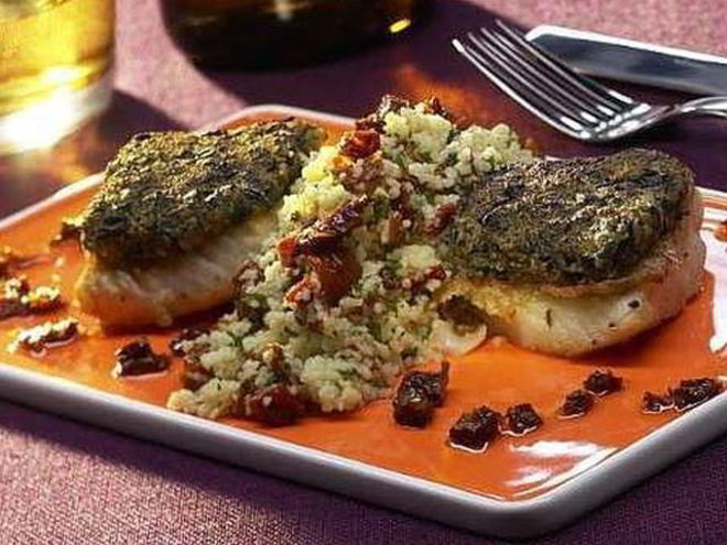 Рецепт палтуса в оливковом кляре с салатом из кускуса