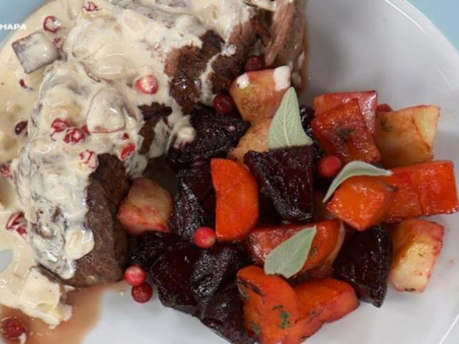 Рецепт стейка из говядины с печеными корнеплодами