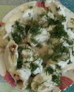 Вареники с фасолью, ветчиной и укропом