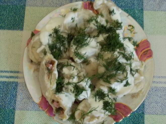 Рецепт вареников с фасолью, ветчиной и укропом