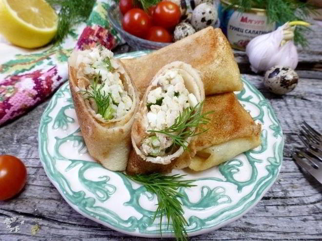 Рецепт блинчиков с тунцом и рисом