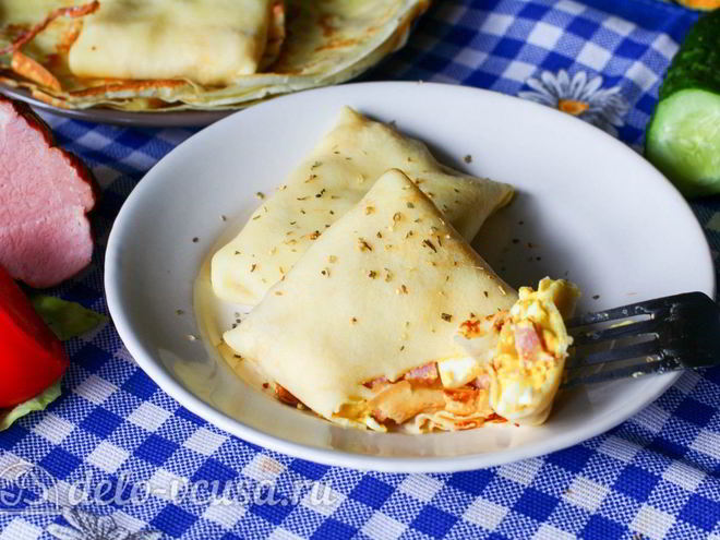 Рецепт блинчиков с ветчиной и яйцом