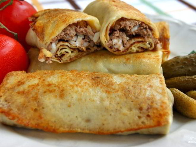 Рецепт блинов с мясом и рисом