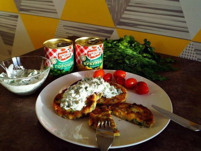 Рецепт оладий с кукурузой и горошком