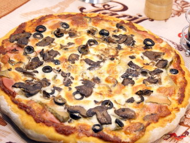 Рецепт пиццы с колбасой и грибами