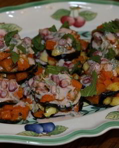 Башенки из баклажанов с тыквой, гранатом и мятой