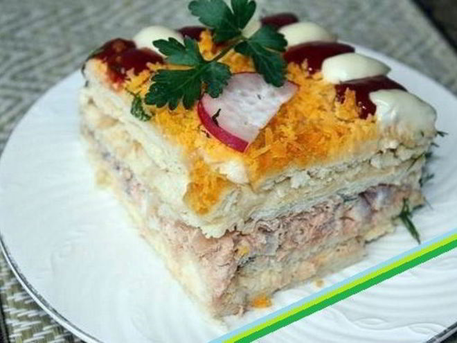 Рецепт закусочного бутербродного торта с рыбой