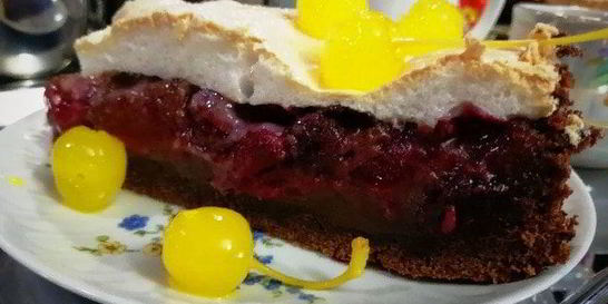 Шоколадный теплый тарт с вишнями и сливами